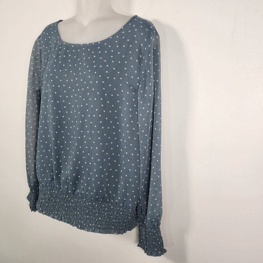 Loft Women Blouse Polka Dot Small Smocked Hem Cuff Long Sheer Sleeve Light Green - Picture 4 of 9